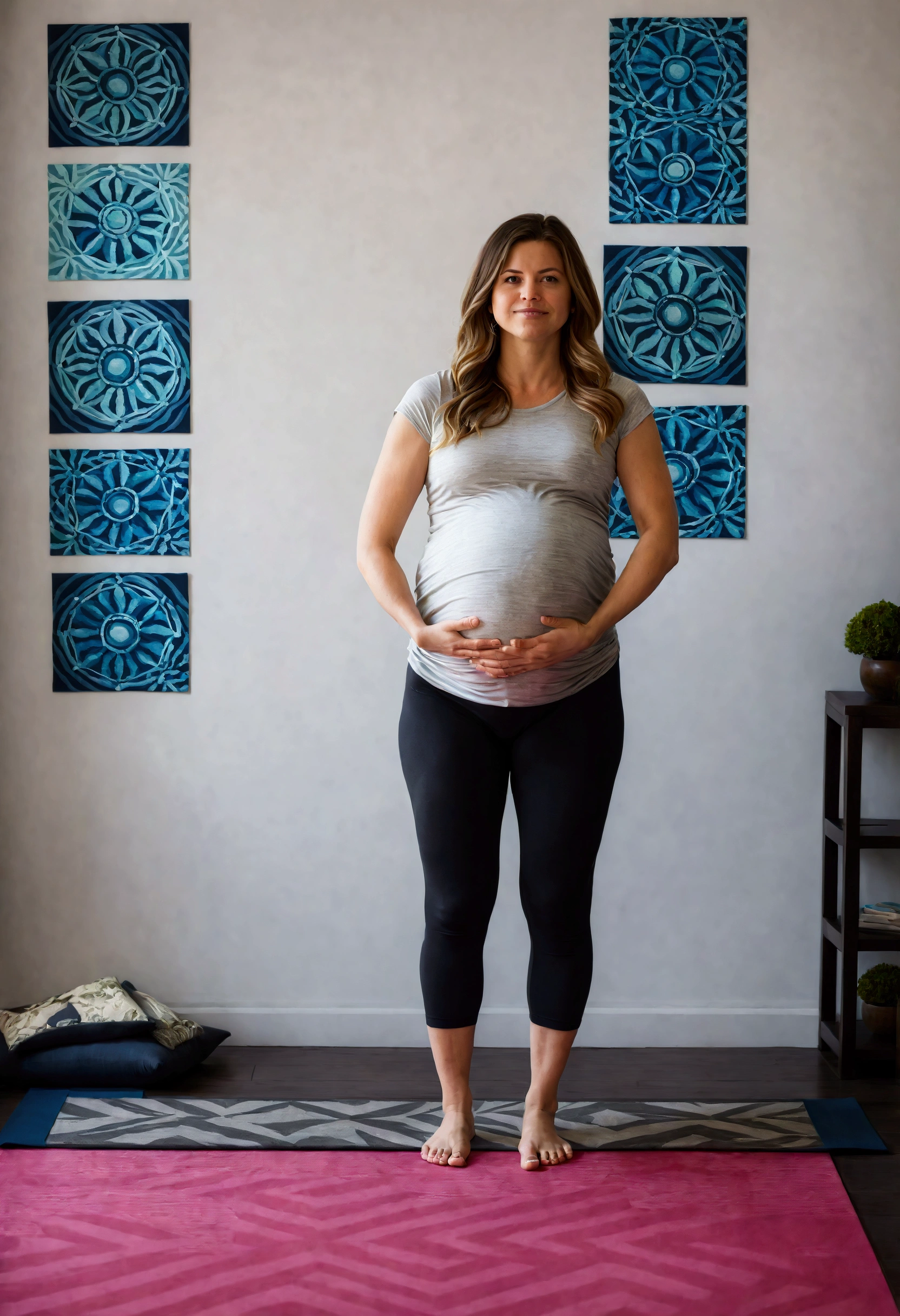 Project Title: Image Series - Steps to Mountain Pose (Tadasana) in Prenatal Yoga
I need a series of 5 images that explain step by step how to perform the mountain pose (Tadasana) in prenatal yoga. Each image must be clear and precise, showing a young adult model at each stage of the process. The model should look like she is taking photos for a prenatal yoga ebook digital product, in a quiet environment at home. The style should be relaxing and professional, with soft colors and a minimalist background.
Step 1: Starting Position
Description: Stand with your feet together or slightly apart, distributing your weight evenly.
Visual Cues: Show a young, pregnant woman standing with her feet together or slightly apart, looking directly at the camera. Calm background at home, minimalist.