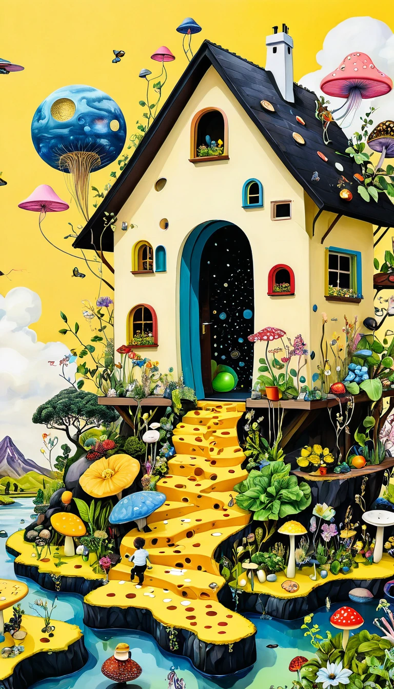 Intense visual fusion of various elements，broto，microorganism、plantar、Cheese house、Eye、wild animal life，Stitching an abstract painting，Describing the inner world of autistic people，Sense of space，blank space，interesting，innocence，psychedelic art，yellow and black,3d