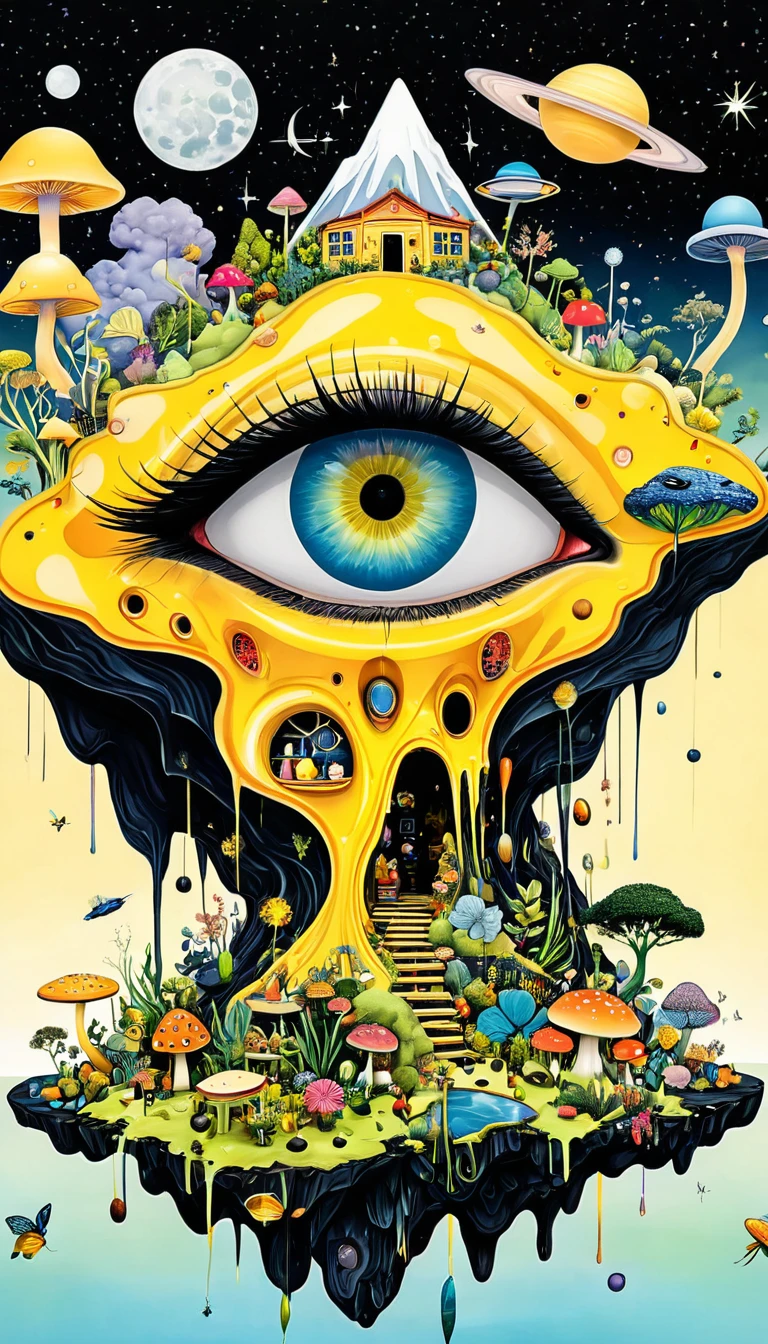 Intense visual fusion of various elements，broto，microorganism、plantar、Cheese house、Eye、wild animal life，Stitching an abstract painting，Describing the inner world of autistic people，Sense of space，blank space，interesting，innocence，psychedelic art，yellow and black,3d