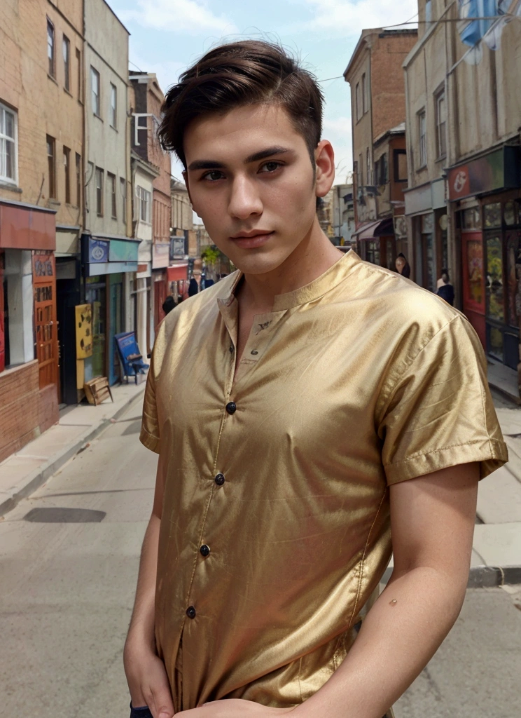 Dark-haired man with short hair, slim handsome young man about 25 years old taking selfie realistic 18k, in a street, high quality background