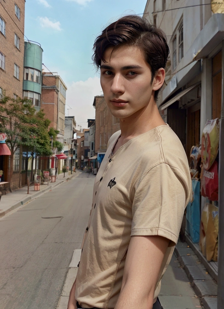 Dark-haired man with short hair, slim handsome young man about 25 years old taking selfie realistic 18k, in a street, high quality background