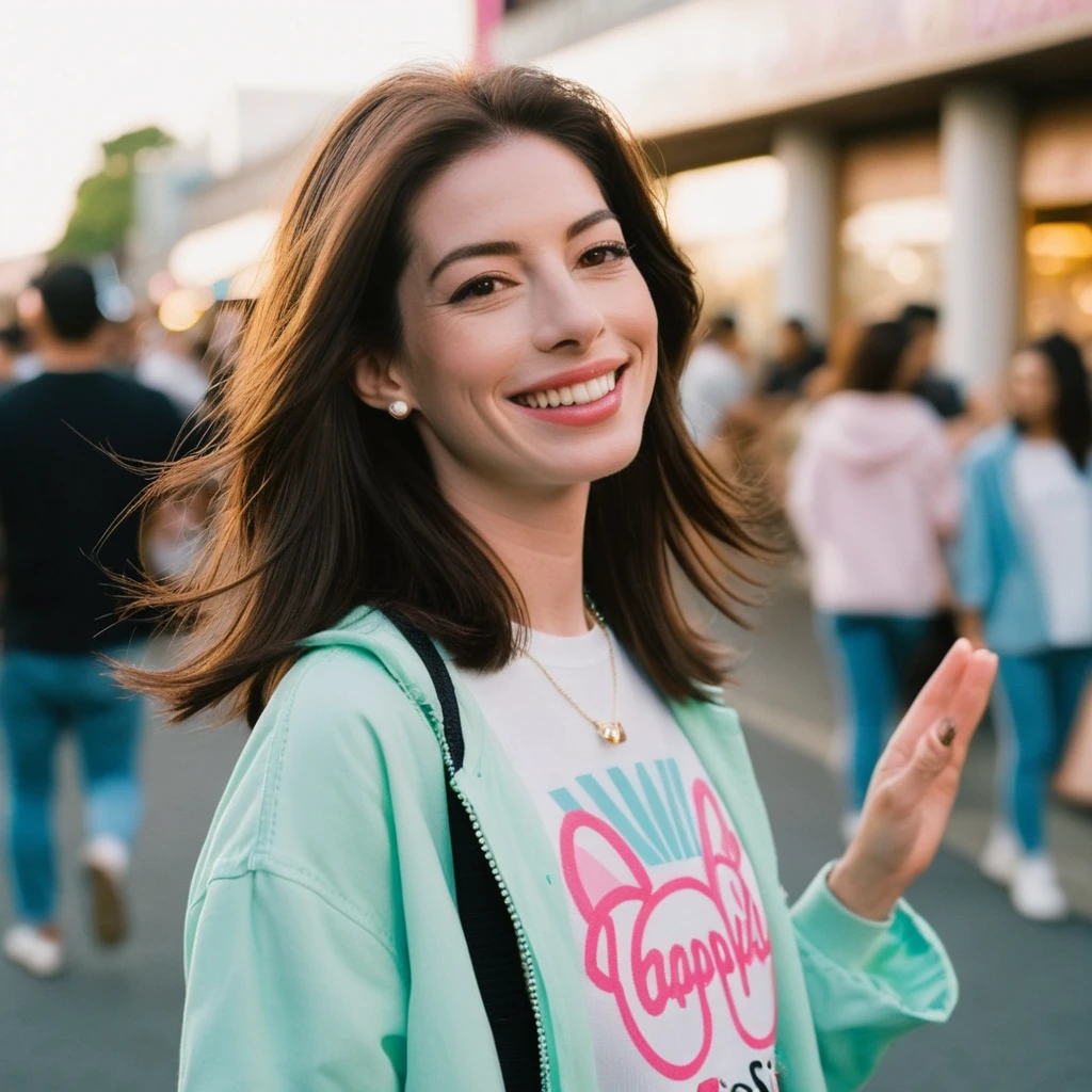 A beautiful face barbie-like cute brunette Japanese woman, still from the film, (Anne Hathaway look alike face: 0.9), happy smile, in streetwear, pastel colors, Leica SL3, Summicron-SL 75 f/2 ASPH, Kodak Gold 200 film, silhouette, shallowed depth of field, dynamic hands up,
