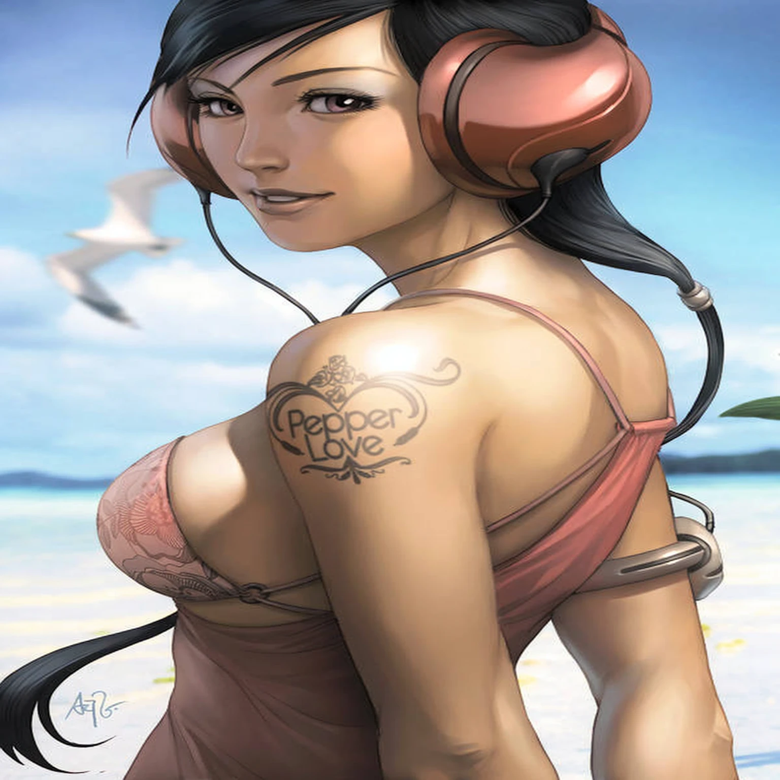 girl with headphones and a tattoo on her chest, extremely detailed artgerm, overwatch tracer in a bikini, artgerm detailed, artgerm. high detail, artgerm style, beautiful digital artwork, style ivan talavera and artgerm, nico robin, artgerm. anime illustration, style artgerm, graphic artist artgerm