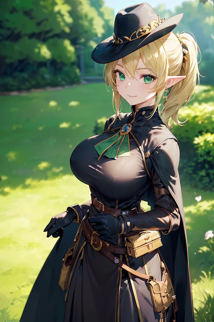 (((masterpiece; best quality: 1.2))), (finely detailed eyes: 1.3), (25 year old elf woman), (solo), (green eyes: 1.4), (body; big breasts, fit, femenine: 1.3), (silky blonde hair in low ponytail: 1.3), (beautiful and clear background: 1.2), ((depth of field)), (equipment: adventurer garb + modest + elegant wide-brimmed hat + dark blouse + dark cape + black long skirt + gloves + belt + pouches: 1.3), (anime illustration: 1.2), (background composition; royal garden: 1.1), (extremely fine and beautiful: 1.1), (shot composition; standing + centered on torso + close-up: 1.5), (expression; calm, smile: 1.2)