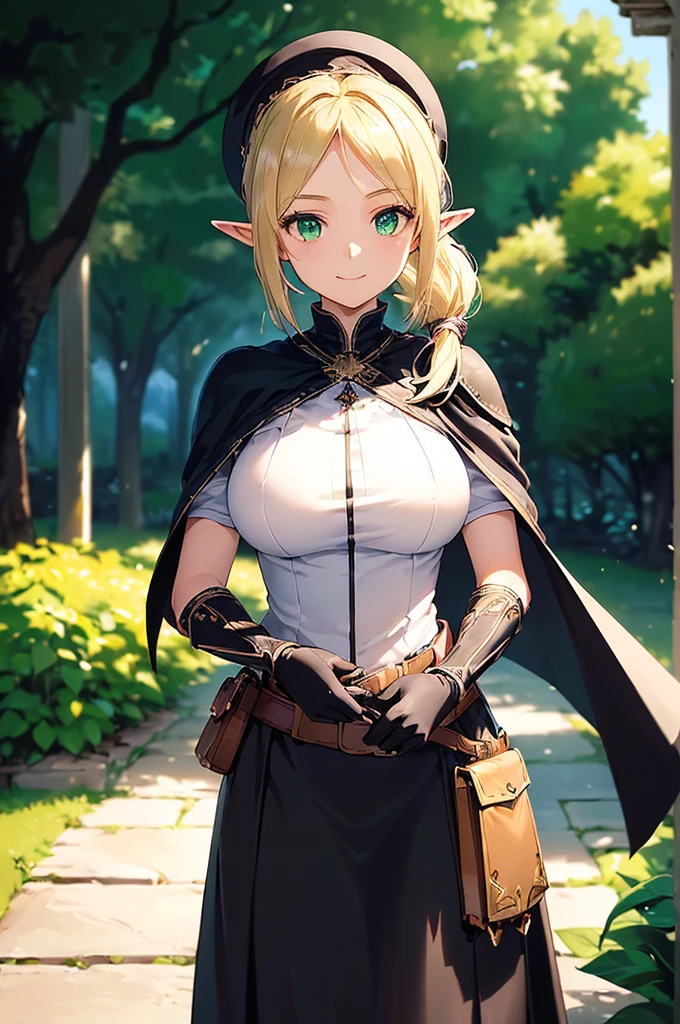 (((masterpiece; best quality: 1.2))), (finely detailed eyes: 1.3), (25 year old elf woman), (solo), (green eyes: 1.4), (body; big breasts, fit, femenine: 1.3), (silky blonde hair in low ponytail: 1.3), (beautiful and clear background: 1.2), ((depth of field)), (equipment: adventurer garb + modest + elegant wide-brimmed hat + dark blouse + dark cape + black long skirt + gloves + belt + pouches: 1.3), (anime illustration: 1.2), (background composition; royal garden: 1.1), (extremely fine and beautiful: 1.1), (shot composition; standing + centered on torso + close-up: 1.5), (expression; calm, smile: 1.2)
