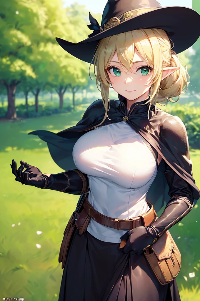 (((masterpiece; best quality: 1.2))), (finely detailed eyes: 1.3), (25 year old elf woman), (solo), (green eyes: 1.4), (body; big breasts, fit, femenine: 1.3), (silky blonde hair in low ponytail: 1.3), (beautiful and clear background: 1.2), ((depth of field)), (equipment: adventurer garb + modest + elegant wide-brimmed hat + dark blouse + dark cape + black long skirt + gloves + belt + pouches: 1.3), (anime illustration: 1.2), (background composition; royal garden: 1.1), (extremely fine and beautiful: 1.1), (shot composition; standing + centered on torso + close-up: 1.5), (expression; calm, smile: 1.2)