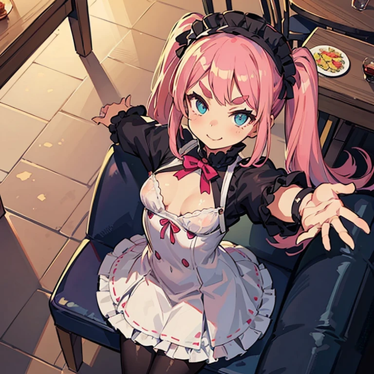 Girl with pink hair, long double-tailed hairstyle, ((small pink bushy eyebrows)), wearing lolita clothing, marked vagina, lolicon (Zankuro) drawing style by zankuro artist, Zancro style, image uploaded to R34, flirty smile , ((showing the pubes)) in a restaurant, facing the camera, camera from above, looking with a very flirtatious face, with her breasts out, inviting to have sex with her legs open, stretching her hands to be taken in her arms