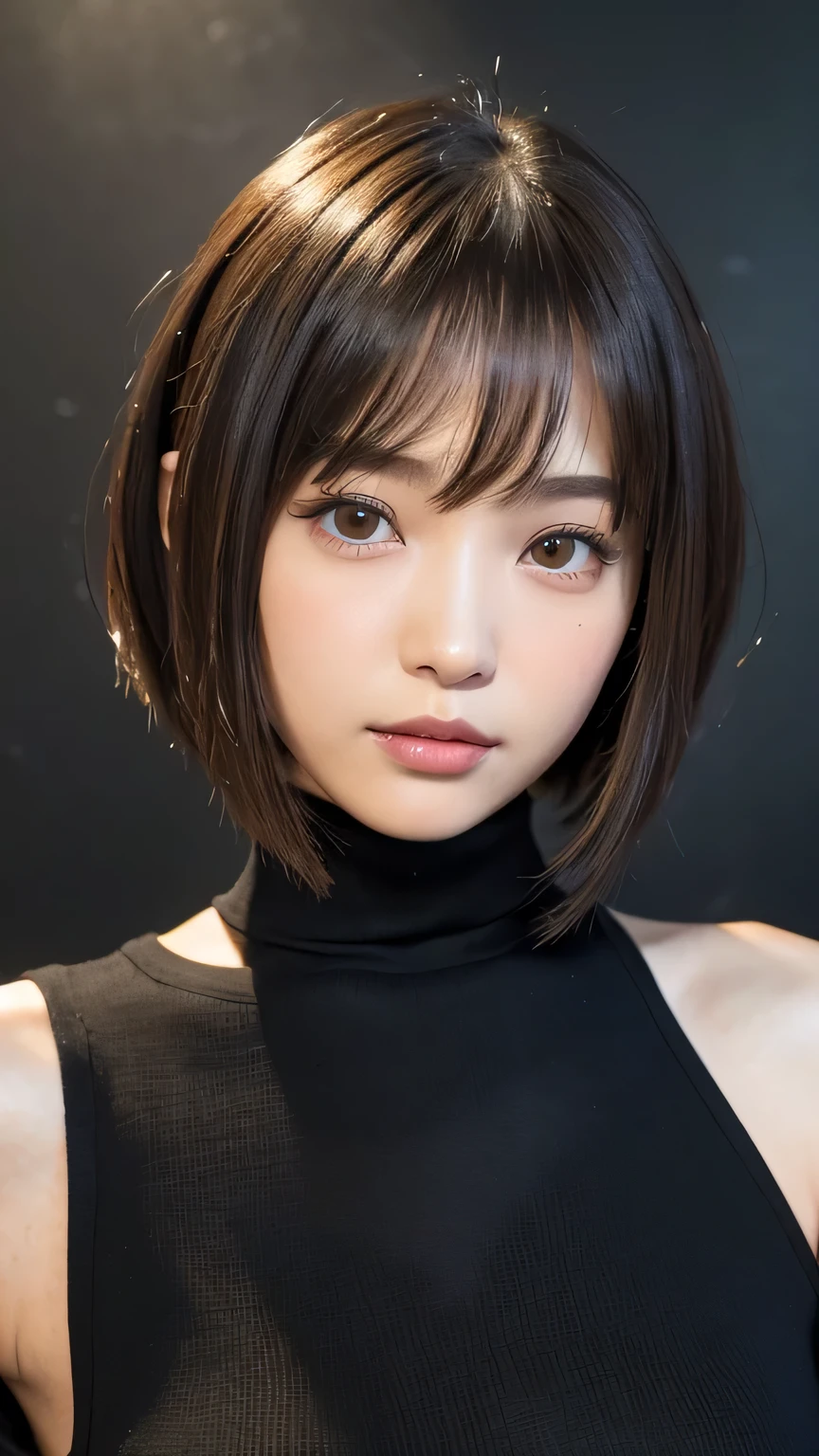 (((Face close-up)))、(((Brown, shoulder-length, straight short bob)))、(((She is posing like a model at a hair salon., Indoors, against a black wall.)))、(((Casual black winter long sleeves covering the shoulders)))、Half Japanese, Half Korean、18-year-old girl、Independent、I&#39;m looking forward to、Light eye makeup、Brown Hair Color、Flat 、Hair blowing in the wind、Quality of actress、Shiny, Ultra-realistic faces、smile、Watery eye、look up、Subtle lighting effects、 Ultra-Realistic Capture、Very detailed、High resolution 16k human skin closeup。Skin texture must be natural、The detail must be such that the pores are clearly visible.、skin is healthy、Even Tone、Use natural light and colour、Worn out, High quality photos taken by modeling agencies&#39;In-house photographer.、smile、(((Sigma 300mm F/1.4,1/1000 sec shutter,ISO400))) 