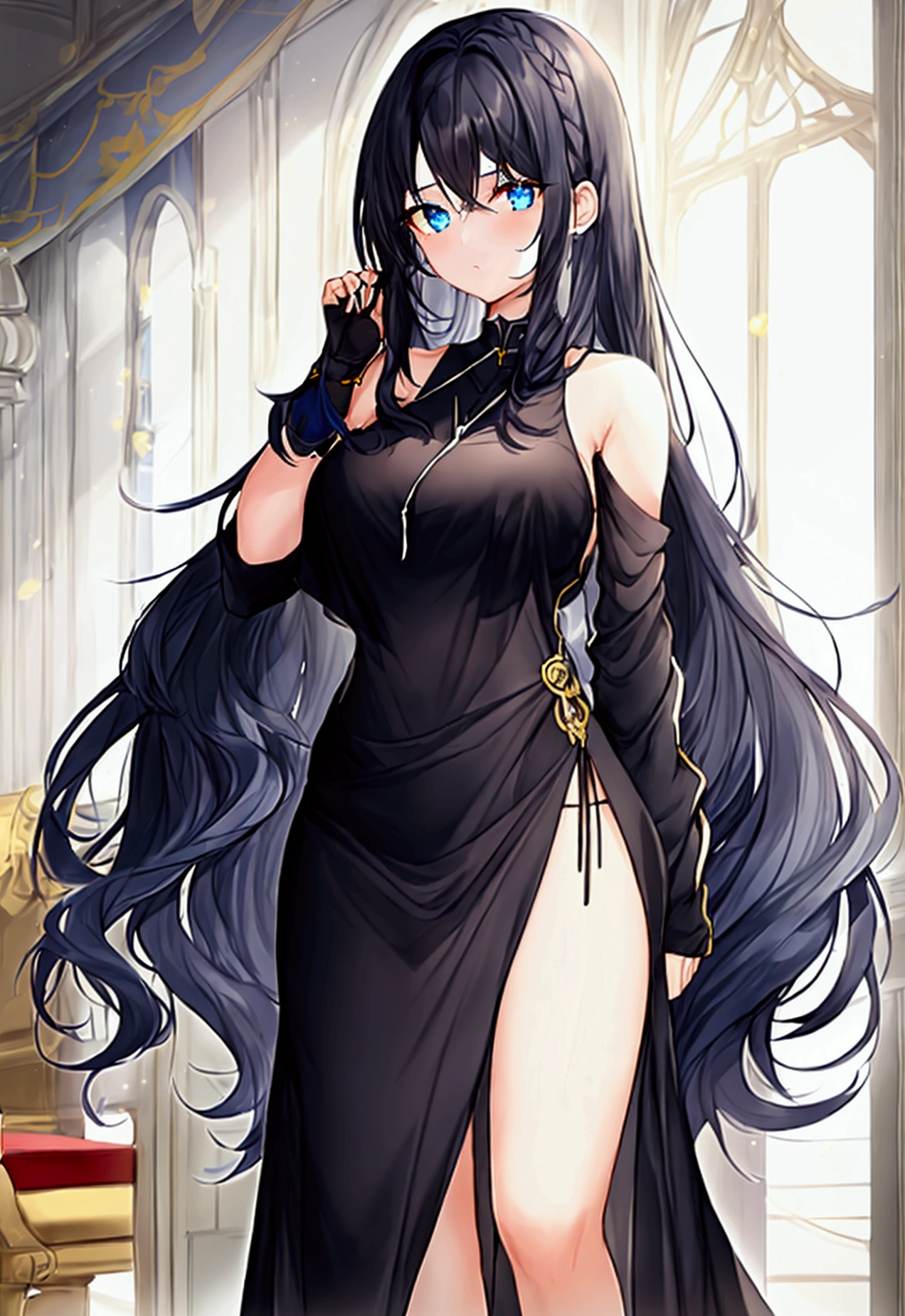 female,long black hair with inner dark blue hair, dark blue eyes,athletic body, elegant black dress,