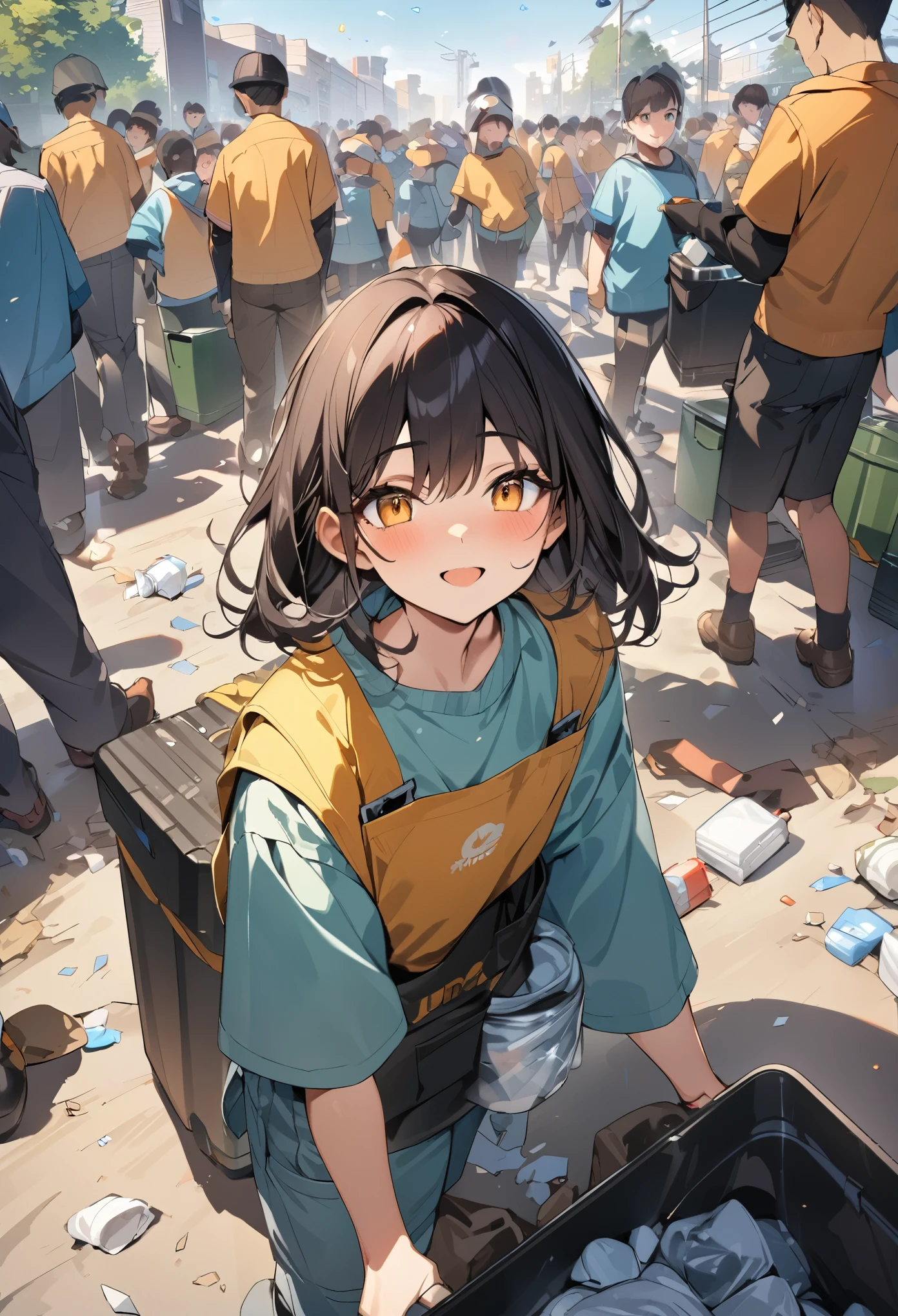 Ultra HD, 8K quality, ultra sharp, masterpiece, best quality, 20's, solid waste containers in various places, volunteer work, kind world, lots of people