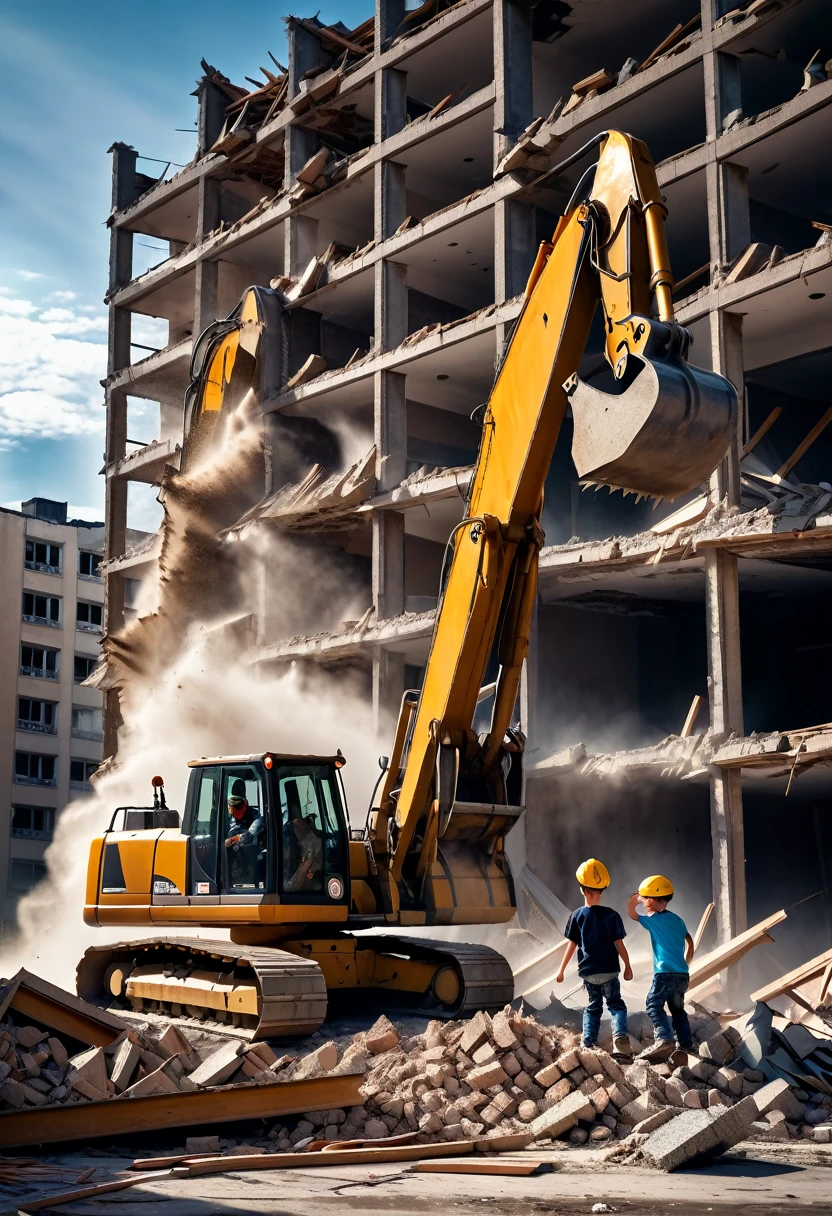 a high quality professional photo of a father and son bringing down a building during demolition, teamwork, powerful, destruction, construction site, dynamic action, realistic, dramatic lighting, heavy machinery, construction industry, urban environment, cinematic, high detail, urban decay, 8k.