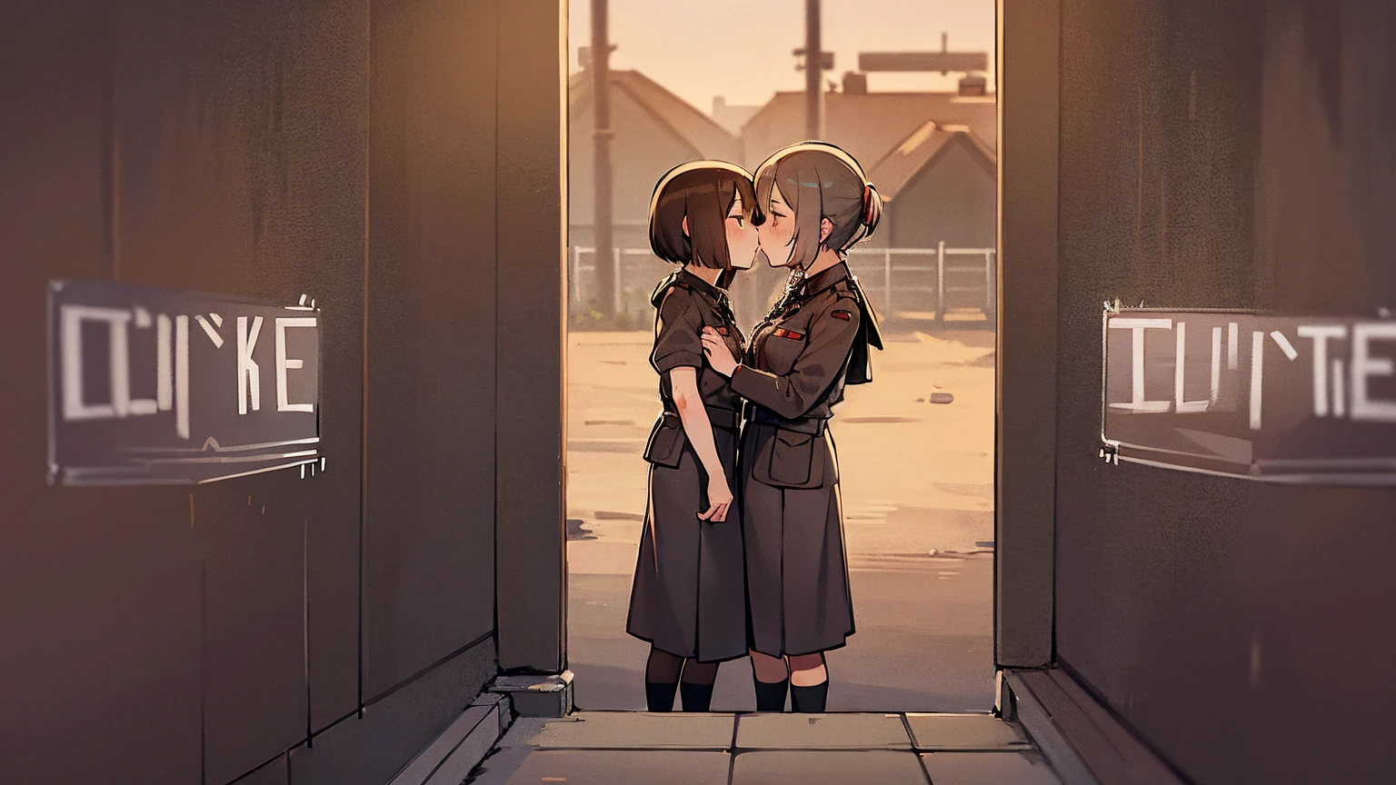 gestapo, female lesbian kawaii sisters kissing in Auschwitz concentration camp, wearing uniforms