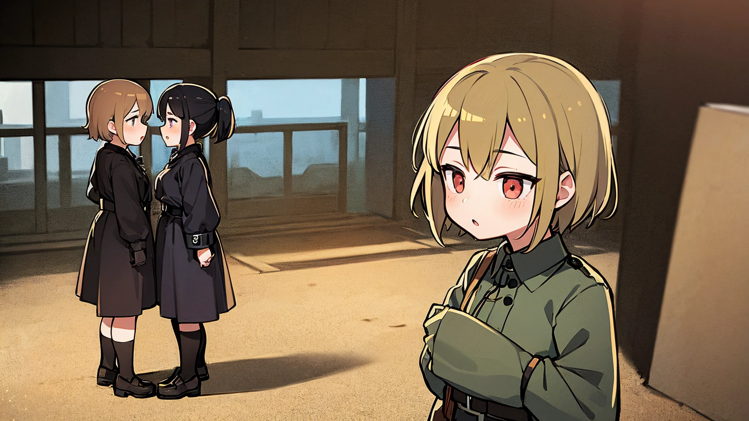 gestapo, female  lesbian kawaii sisters kissing in Auschwitz concentration camp, wearing  uniforms