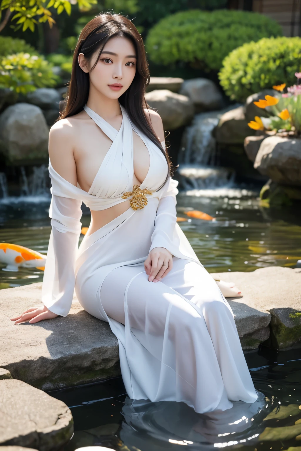 masterpiece, super realistic a beautiful woman in a discreet Zen costume, meditating in an elaborate Zen garden with a koi fish pond and lotus flowers; hyperdetailed face, super realistic eyes and hands, smooth, best teeth, sparkling skin; big wise eyes; breathtaking-pure beauty-divine perfection-unforgettable, impressive presence; volumetric lighting, halos, rays, vivid color reflections, super detailed, super sharp, super realistic, 8K