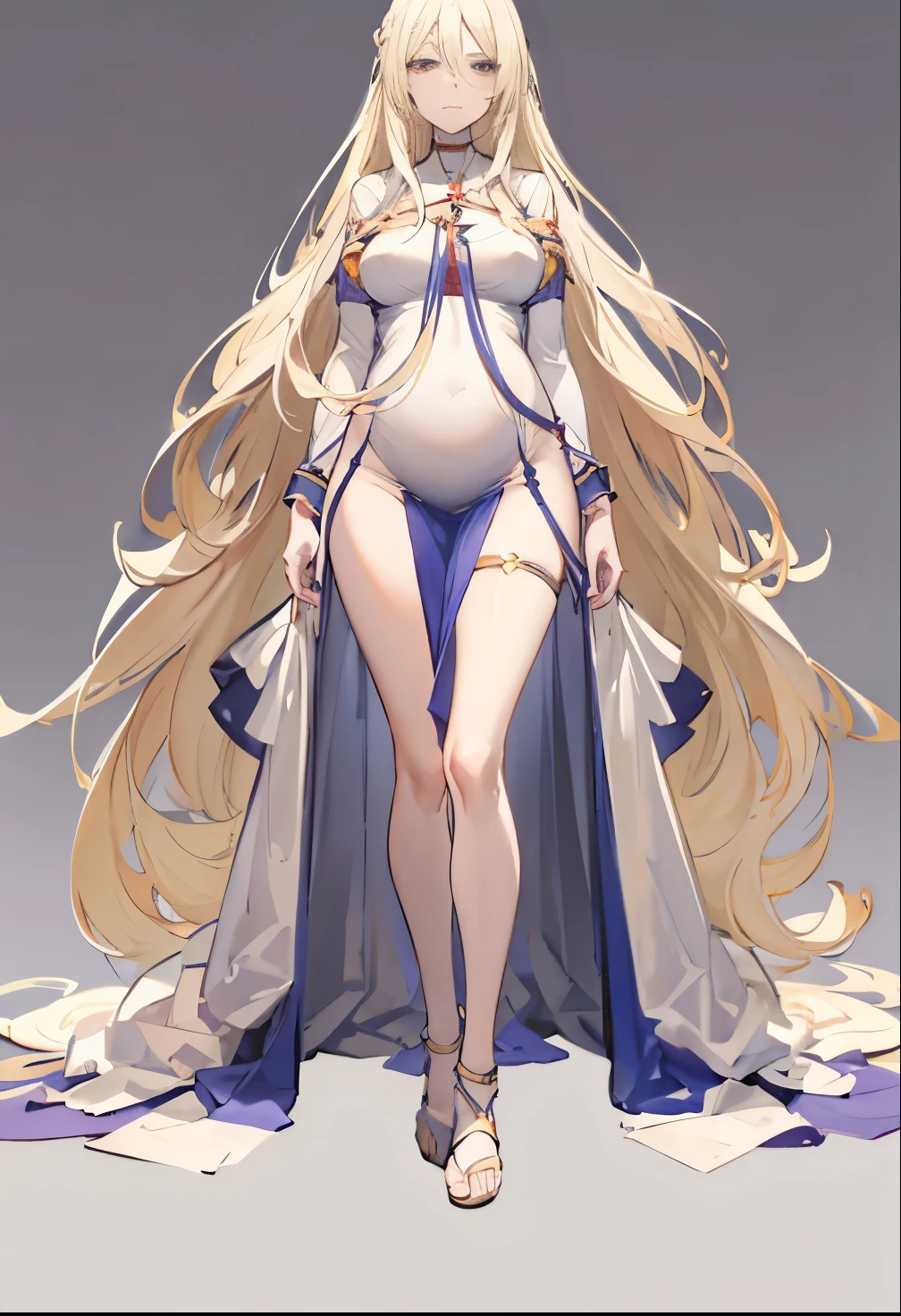 Long blond hair，Abstinence face，，woman，AS-Adult，HD，Full body image，Standing picture，Blank Background，Full body image，Kneel down，Legs apart，Display of genitals，Pregnant women
