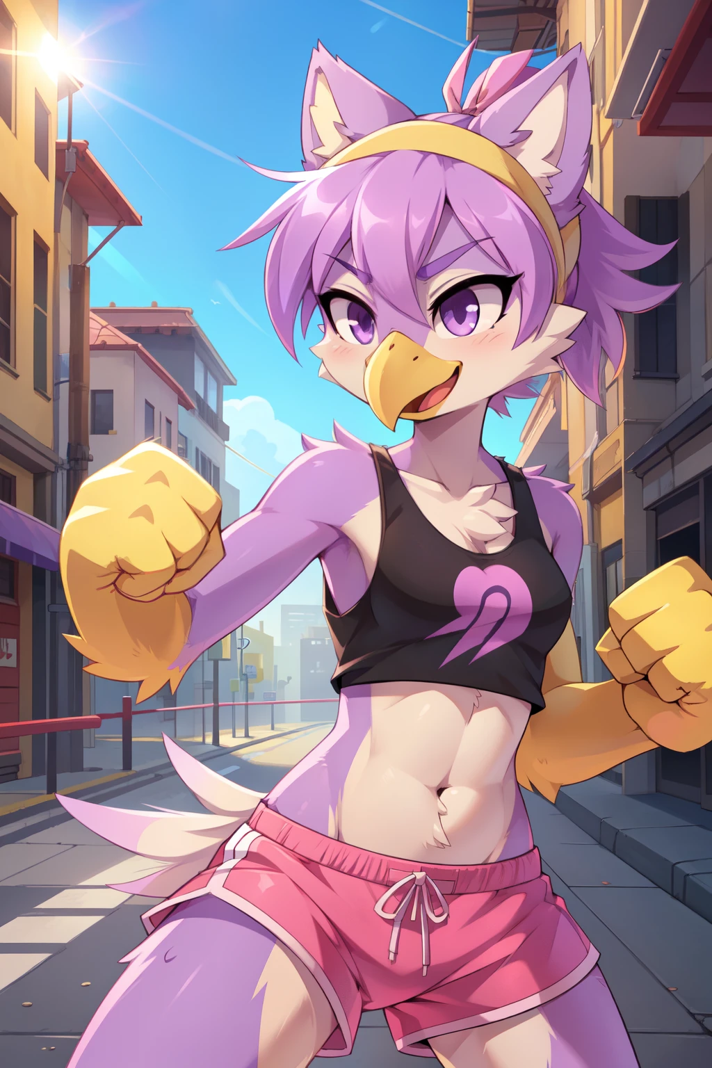 score_9,score_8_up,score_7_up, source_cartoon, source_furry, Furry girl, bird, yellow bird beak, lilac hair, short spiky hairstyle, short spiky ponytail, anime style, small breasts, purple eyes, big eyebrows, animal ears, ((yellow headband with ribbon, black tank top, midriff, pink swim trunks)), high quality, detailed body, detailed eyes, detailed face, masterpiece, glistening body, detailed body fur, best quality, clear purple body fur, skinny, back avian wings, avian, detailed hands, perfect lighting, perfect shadows, perfect eyes, perfect hair, perfect face, gorgeous body, street, clear Sky, ((fight stance, punch, fist, punch on view))