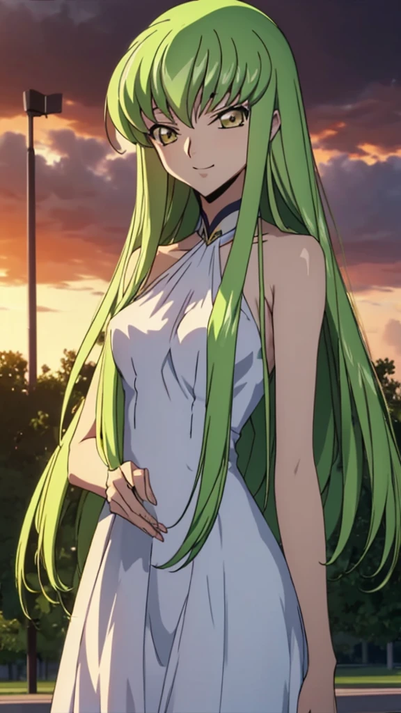 Score_9, score_8, score_7, code Geass_anime, C.C., lime hair and gold eyes, long hair, white long dress, smile, cute, park, dusk, best quality, masterpiece+