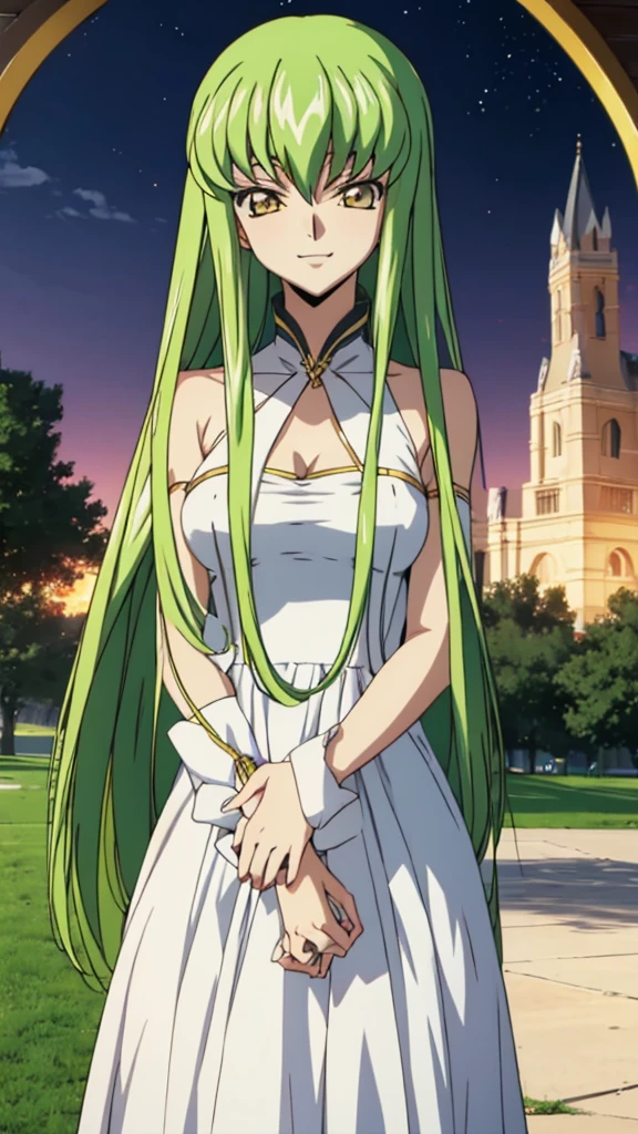 Score_9, score_8, score_7, code Geass_anime, C.C., lime hair and gold eyes, long hair, white long dress, smile, cute, park, dusk, best quality, masterpiece+