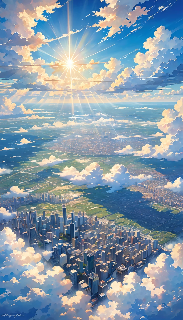 An expansive, bright blue sky filled with fluffy white clouds illuminated by rays of sunlight. Below, a sprawling cityscape stretches across the image, its details bathed in a mixture of natural light and shadows from the sky above. The scene evokes a sense of vastness and tranquility.
