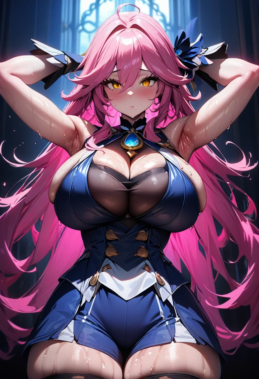 1girl,super huge breasts, pink hair, golden eyes,staring coldly,long hair, body curves, (best quality,4k,highres,masterpiece:1.2),ultra-detailed, dramatic lighting,vibrant colors,cinematic, Furina (genshin impact) outfit, sweaty armpits, bright skin, bright pink hair