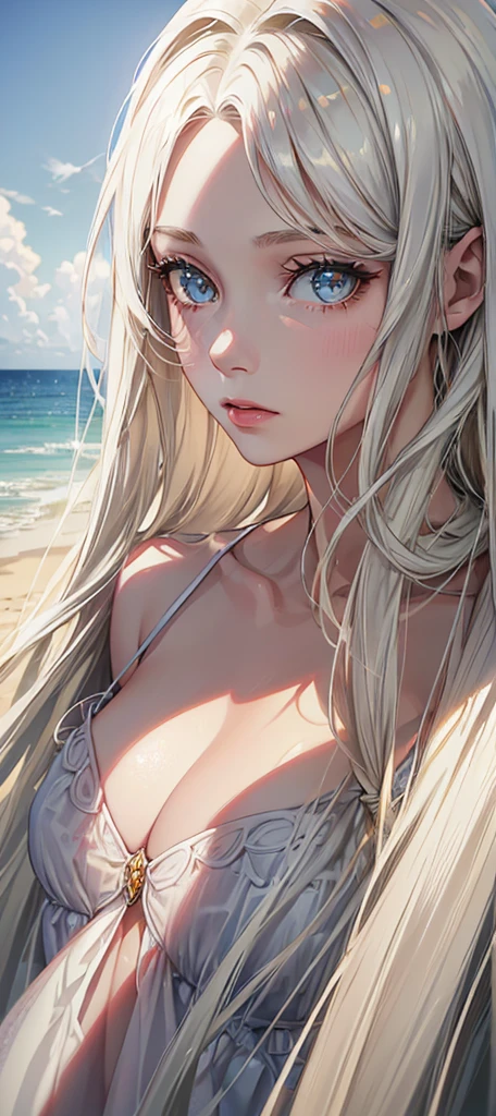 a beautiful woman with long white hair, standing on a sandy beach by the ocean, serene expression, cinematic lighting, highly detailed, oil painting, vibrant colors, dramatic atmosphere, photorealistic, (best quality,4k,8k,highres,masterpiece:1.2),ultra-detailed,(realistic,photorealistic,photo-realistic:1.37),beautiful detailed eyes,beautiful detailed lips,extremely detailed eyes and face,longeyelashes,bikini,