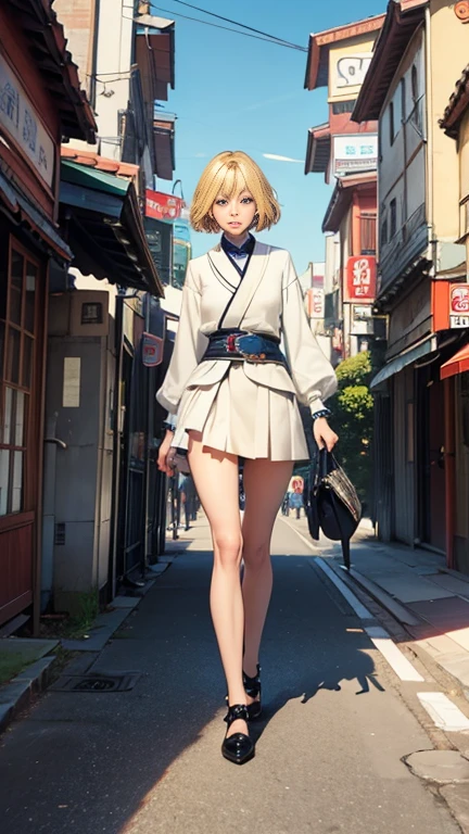 Didier Tarquin, Jean Giraud, Ludwig Hohlwein, Kiichi Okamoto, Erte, Surrealism, strange, bizarre, fantastical, fantasy, Sci-fi, Japanese anime, collapse of realism, A quiet plaza, an endless road, a corner that looks like something is waiting for it, unrelated objects, a beautiful blonde miniskirt girl Alice taking a walk, perfect voluminous body, detailed masterpiece Hyper realistic sharp focus cute happy coquettish real