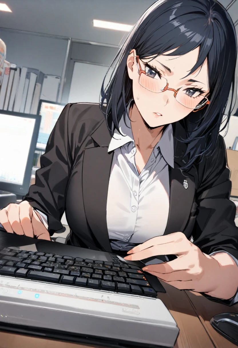 1girl, shimizu kiyoko, haikyuu!!, 35years old,office lady,business suit,black blazer,white collared shirt,black tight skirt,glasses,office,sitting on the desk,typing the computer,in the working,pov,masterpiece, best quality, absurdres,

