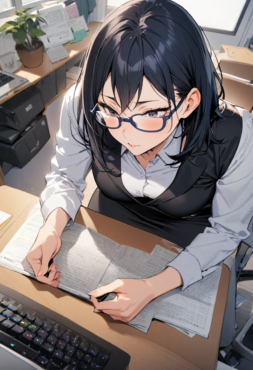 1girl, shimizu kiyoko, haikyuu!!, 35years old,office lady,business suit,black blazer,white collared shirt,black tight skirt,glasses,office,sitting on the desk,typing the computer,in the working,pov,masterpiece, best quality, absurdres,
