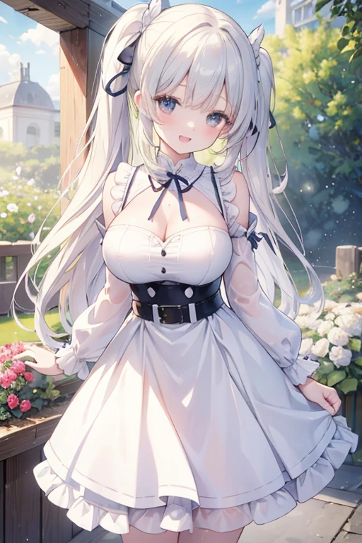 masterpiece, top-quality, hight resolution, SD1, Charlotte Dunoy, poneyTail, White , skirt by the, Hair Ribbon, a belt, long-sleeve, Naughty big、large full breasts、garden,Smile with open mouth、