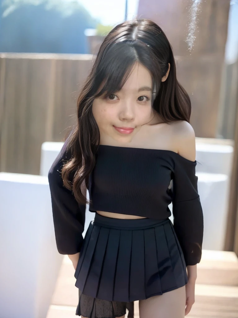 A stunningly beautiful real girl、Long golden curly hair、Very beautiful face、A uniquely beautiful girl、Collarbone off-shoulder、22 years old、Fine Lines、white crop top shirt、Black JK Skirt、Exposed legs、A kind smile、soft、Dreamlike quality、Light white and dark brown、Exaggerated facial features、Landless、Candid off-white、Surreal、Blue gemstone necklace、A beautiful girl with a super clear look、Cute and lively、 Ultra short leggings、Bar Counter Background