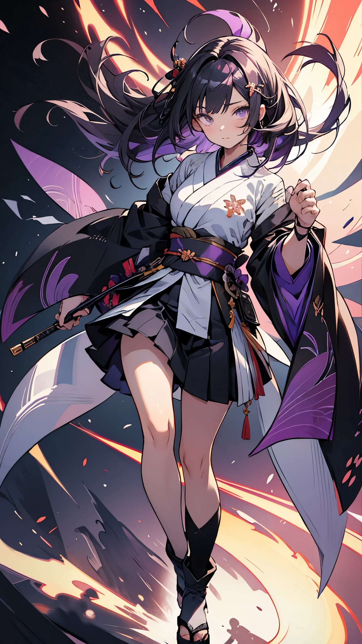 skinny girl, ultra high definition, very detailed, shuriken, shot, bundled hair, whole body, traditional Japanese outfit, short skirt, 23 years old, destroyed planet background, two tone hair (black, purple), Cheng'an, beautiful eyes, Adult, holding a weapon