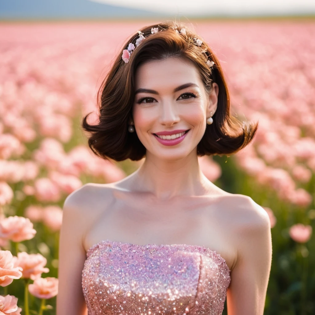 A closeup beautiful face barbie-like cute Japanese woman, still from the film, (Anne Hathaway look alike face: 0.9), happy smile, in a glamorous glitter dress, 3D, lip gloss, Betty Boop, in a magical flower field, pastel colors, Leica SL3, Summicron-SL 75 f/2 ASPH, Kodak Gold 200 film, silhouette, shallowed depth of field, dynamic hands up,