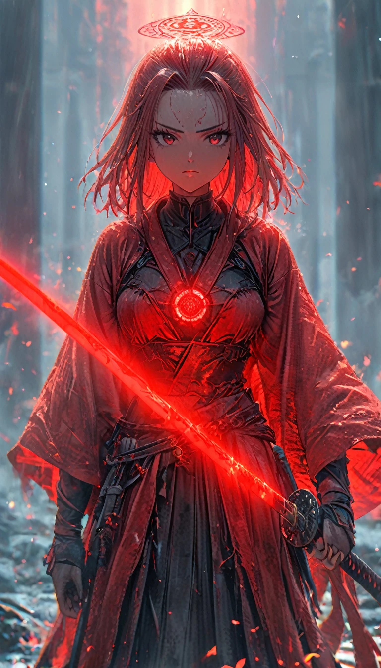 1girl,red curtain hair forehead,glowing katana,red glowing eldritch magic circle, serious,calm perfect body,8k,high definition,