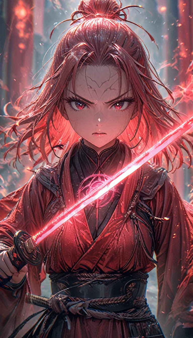 1girl,red curtain hair forehead,glowing katana,red glowing eldritch magic circle, serious,calm perfect body,8k,high definition,