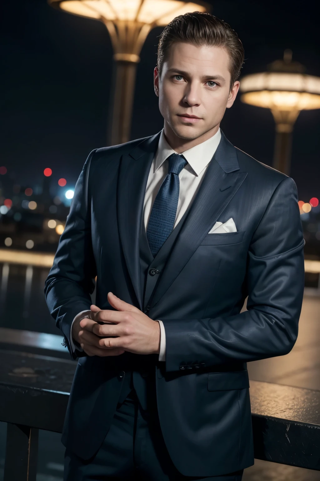 40 year old man looking like Harvey Specter in a suit, harismatic, posing for the camera. Night city in the background.