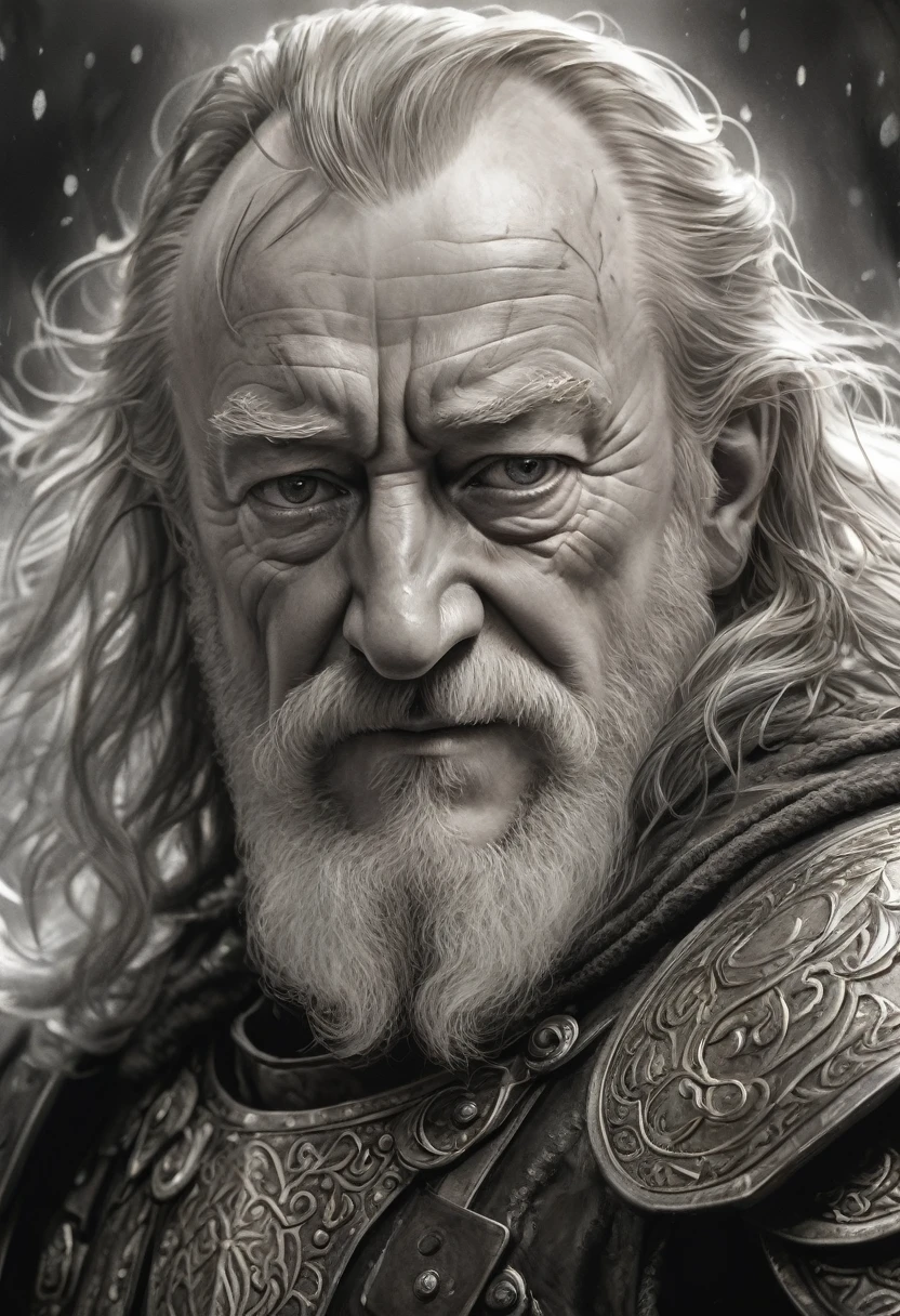 stunning black and white graphite sketch of King Theoden, up close shot, from The Lord Of The Rings trilogy, in dynamic pose, by Anna Razumovskay, (by Alyssa Monks:1.1), by Joseph Lorusso, by Lilia Alvarado, beautiful lighting, sharp focus, 8k, high res, (pores:0.1), (sweaty:0.8), Masterpiece, Nikon Z9, Award - winning photograph, --ar 16:9 --style raw --stylize 750 --niji 6, perfect composition, beautiful detailed intricate insanely detailed octane render trending on artstation, 8 k artistic photography, photorealistic concept art, soft natural volumetric cinematic perfect, wide angle view
