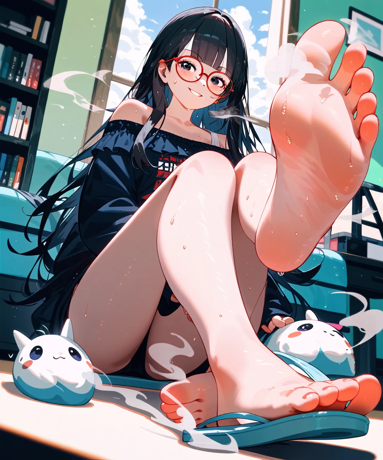 wallpaper,White off-shoulder casual wear,Bangs,blunt bangs ,blunt Bangs,Bangs,The background is in the room, Straight Hair,Long hair,best quality, Very detailed, masterpiece, Extremely detailed, illustration, Sky,Foot Focus, barefoot,Steam around feet,脚底Sweating很多,Sweating,black eyes,Black Hair,Red round-rimmed glasses,Red round-rimmed glasses,Two feet,There is a pair of slippers on the ground on the right side of the screen,个子Very high,Very high,Around 30 years old,Mature,Smirk