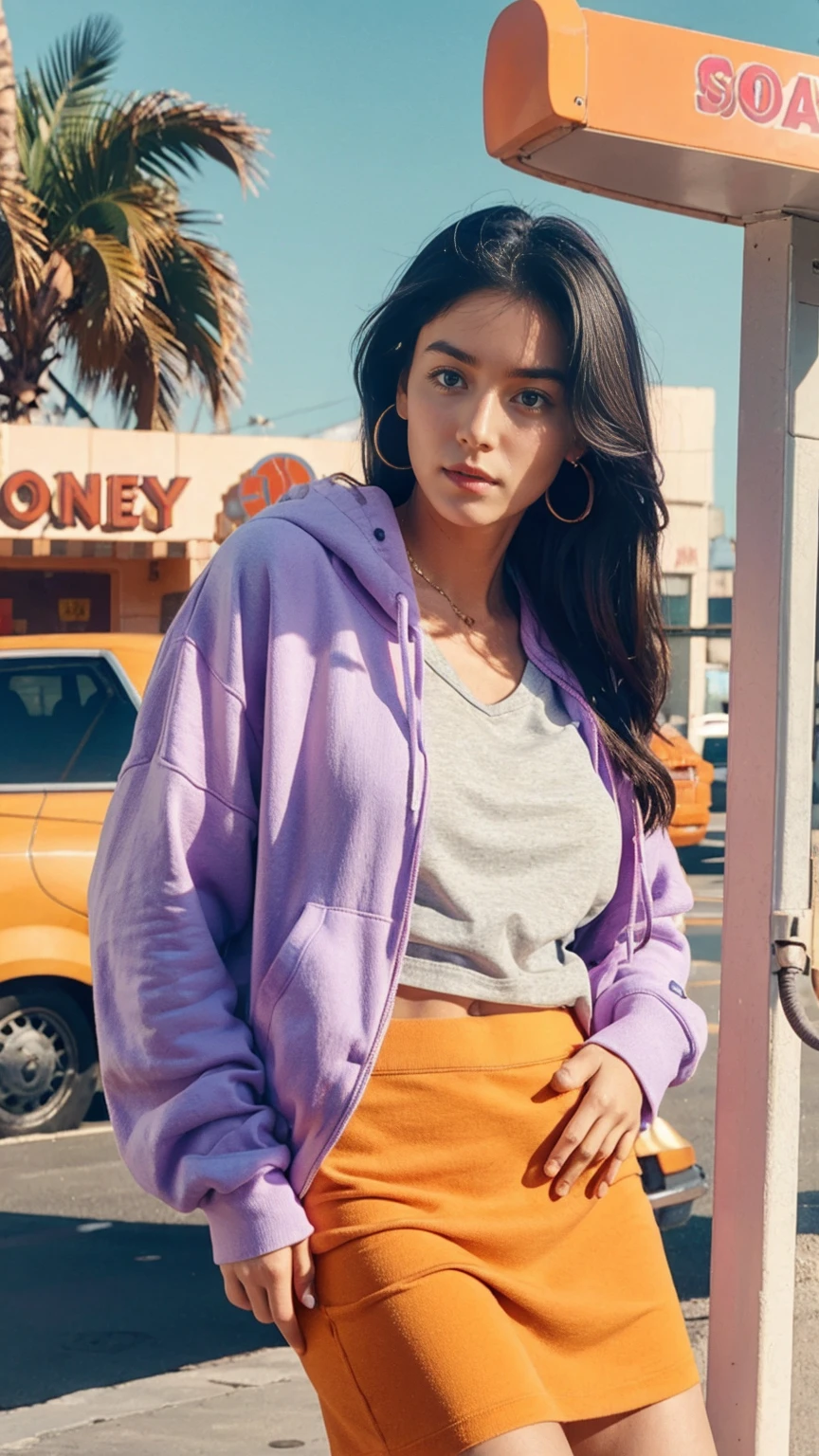 (medium shot portrait) one of cute body goal 23 yo girl ,perfect natural breast ,wear ((orange color oversized_hoodie)), wear ((purple tennis skirt)),looking front,Best Quality,Masterpiece,Ultra High Resolution,(Realisticity:1.4),Original Photo, 1Girl, light leak,ultra high resolution,UHD,beautiful, (black straight hair), almond eye, no makeup, in front of ((80's los angels colorful gas station)), (realistic:1.2), (surreal:1.3), (very detailed:1.1), ((masterpiece)),summer, blue sky, palm trees,sunny, los angles vibes,film camera, 800mm lens,style of Philip Lorca diCorcia