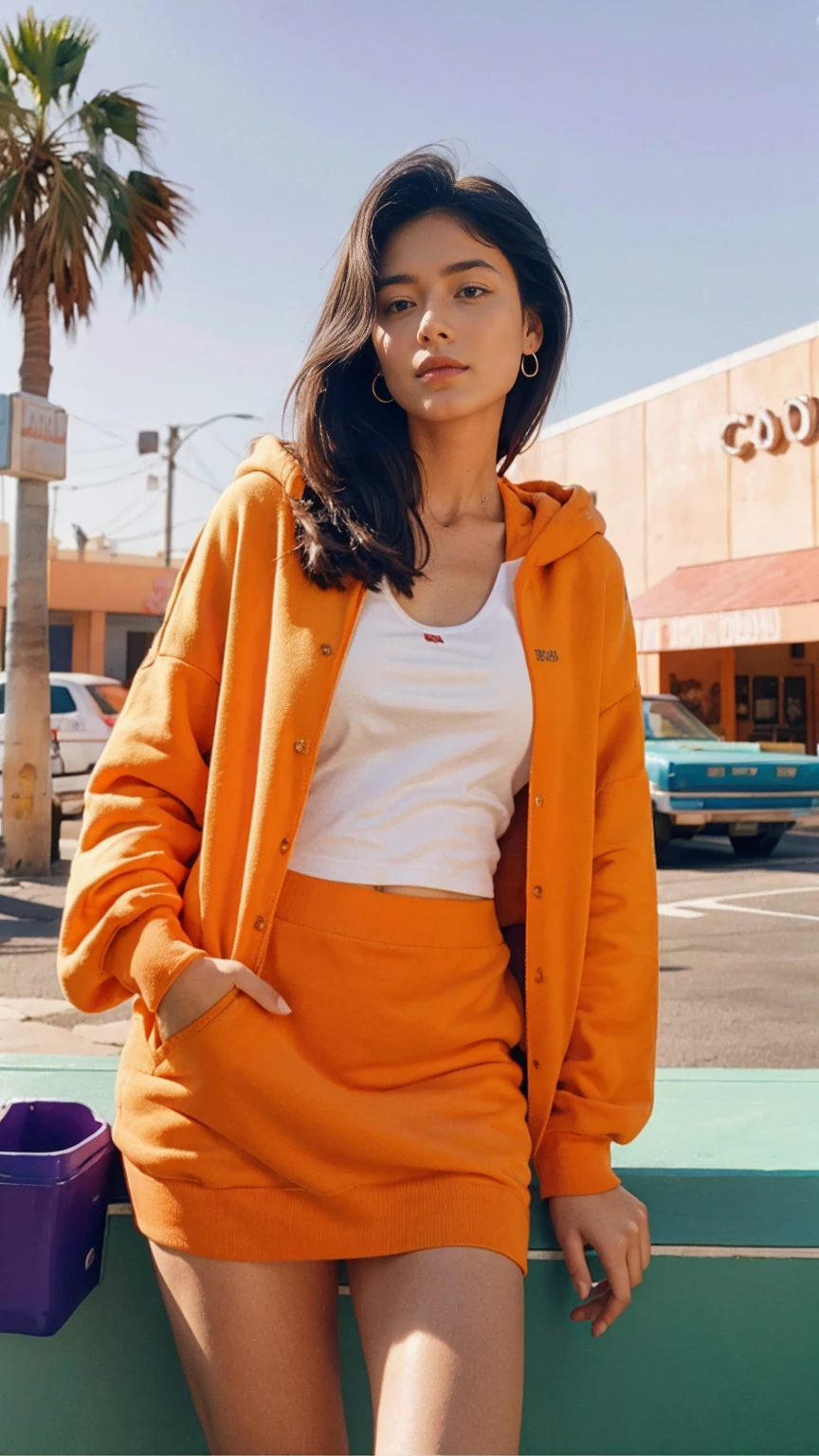 (medium shot portrait) one of cute body goal 23 yo girl ,perfect natural breast ,wear ((orange color oversized_hoodie)), wear ((purple tennis skirt)),looking front,Best Quality,Masterpiece,Ultra High Resolution,(Realisticity:1.4),Original Photo, 1Girl, light leak,ultra high resolution,UHD,beautiful, (black straight hair), almond eye, no makeup, in front of ((80's los angels colorful gas station)), (realistic:1.2), (surreal:1.3), (very detailed:1.1), ((masterpiece)),summer, blue sky, palm trees,sunny, los angles vibes,film camera, 800mm lens,style of Philip Lorca diCorcia