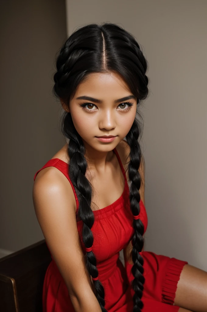 black hair girl,with red eyes,Braid hairstyle 