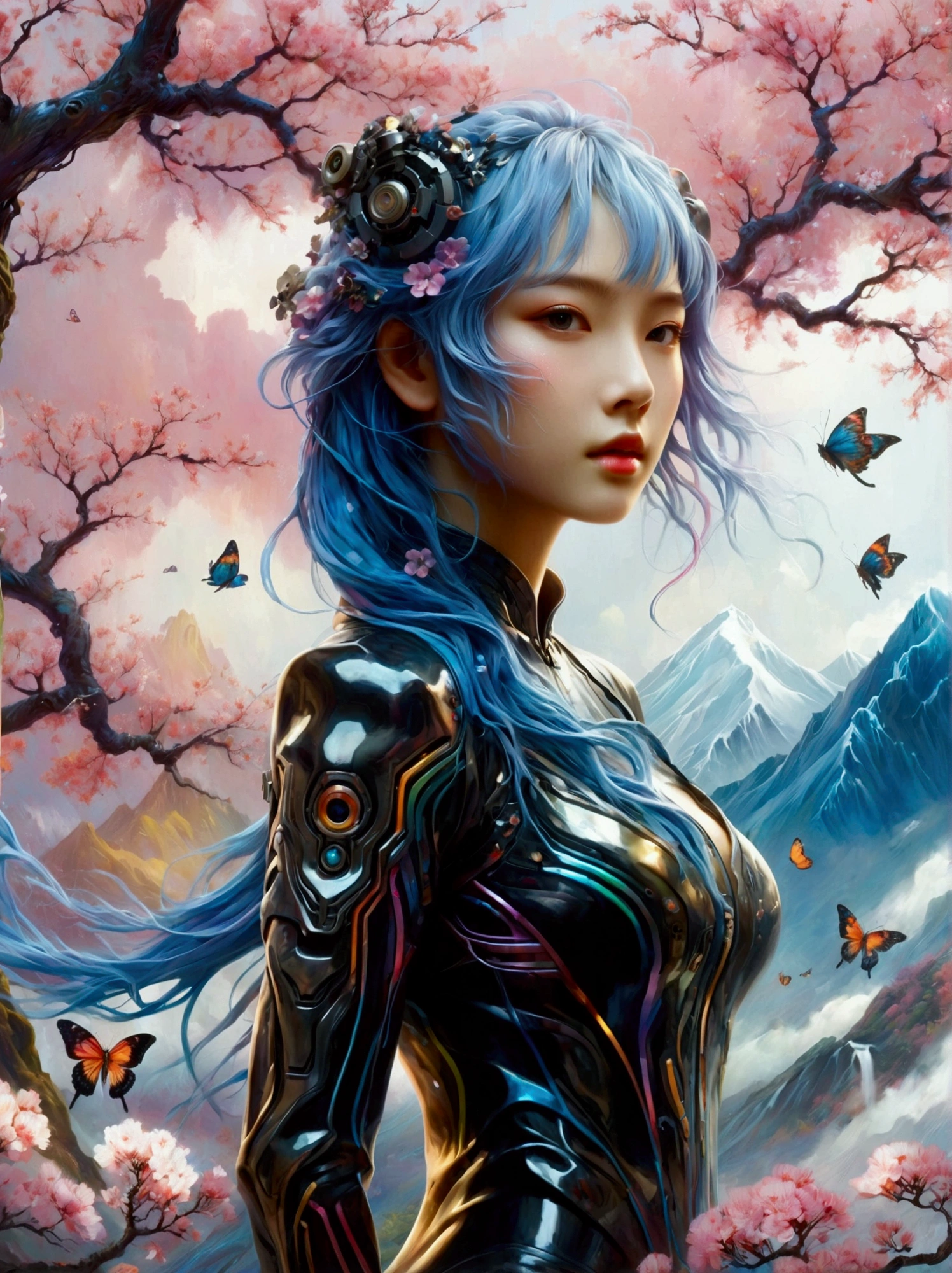((Imagine)),((whole body)),1 girl, Wearing a black cheongsam,Arms and Legs,手持电动步枪的Cyberpunk美女,Standing under a cherry tree with pink flowers in full bloom,(Mechanical ceramic high heels:1.5 ),Empty mountain motorcycle style oil painting,in the style of futuristic,Cyberpunk,High Detail, Top quality,Official Art,(Aesthetics and aesthetics:1.2),(Fractal Art:1.3),(Facial features of Korean girls:1.8),(Front view:1.9),(以广角镜头拍摄whole body的顶级摄影师作品:1.5),Looking at the audience,(Rainbow hair,Hair color,Half blue and half pink hair:1.2),masterpiece,Best quality,Anatomically correct,Textured Skin,Super Detail,8k,high resolution,Vibrant colors, Thick Line, wave, Multi-layer, prospect, view, fractal thunder dan mumford , Dan Mumford and Alex Grey Styles, Inspired by Cyril Rolando,Psychedelic Surreal Art, Surreal psychedelic design, Dream Art Style, Psychedelic Art, Infinite psychedelic waves