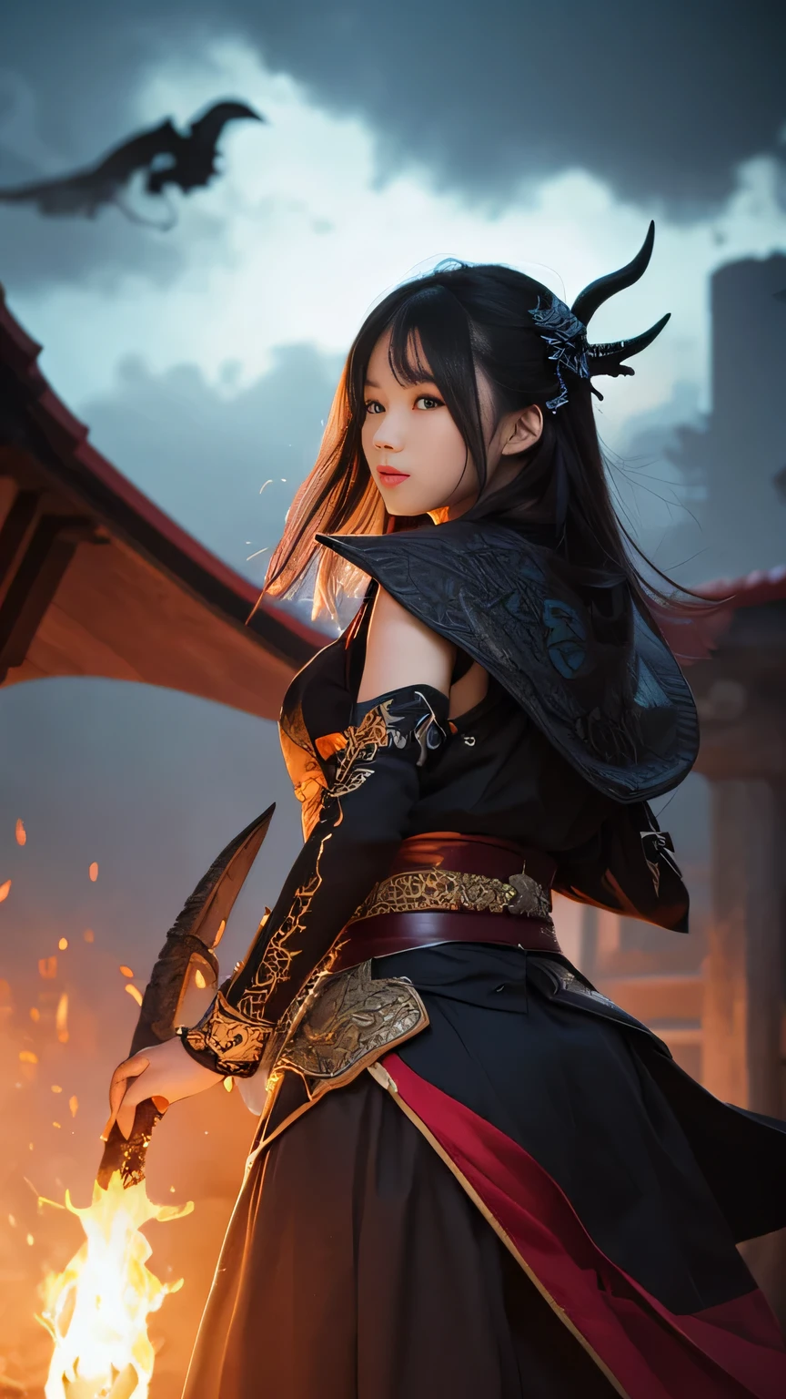 female, Holding a black sickle emblazoned with a symbol of Japan signifying death, Black flames emerge from the decoration., A dragon came out of it、A black wind blows with the ghost of a skull, Judy female with perfect face and scythe is wearing the appropriate outfit of scythe steel, The female has black hair, The woman is the incarnation of the Grim Reaper., Dragon on background,(The background of the CG 8k module is very detailed) (Highest quality), (Best illustrations), (Best shade), Very detailed t--v6