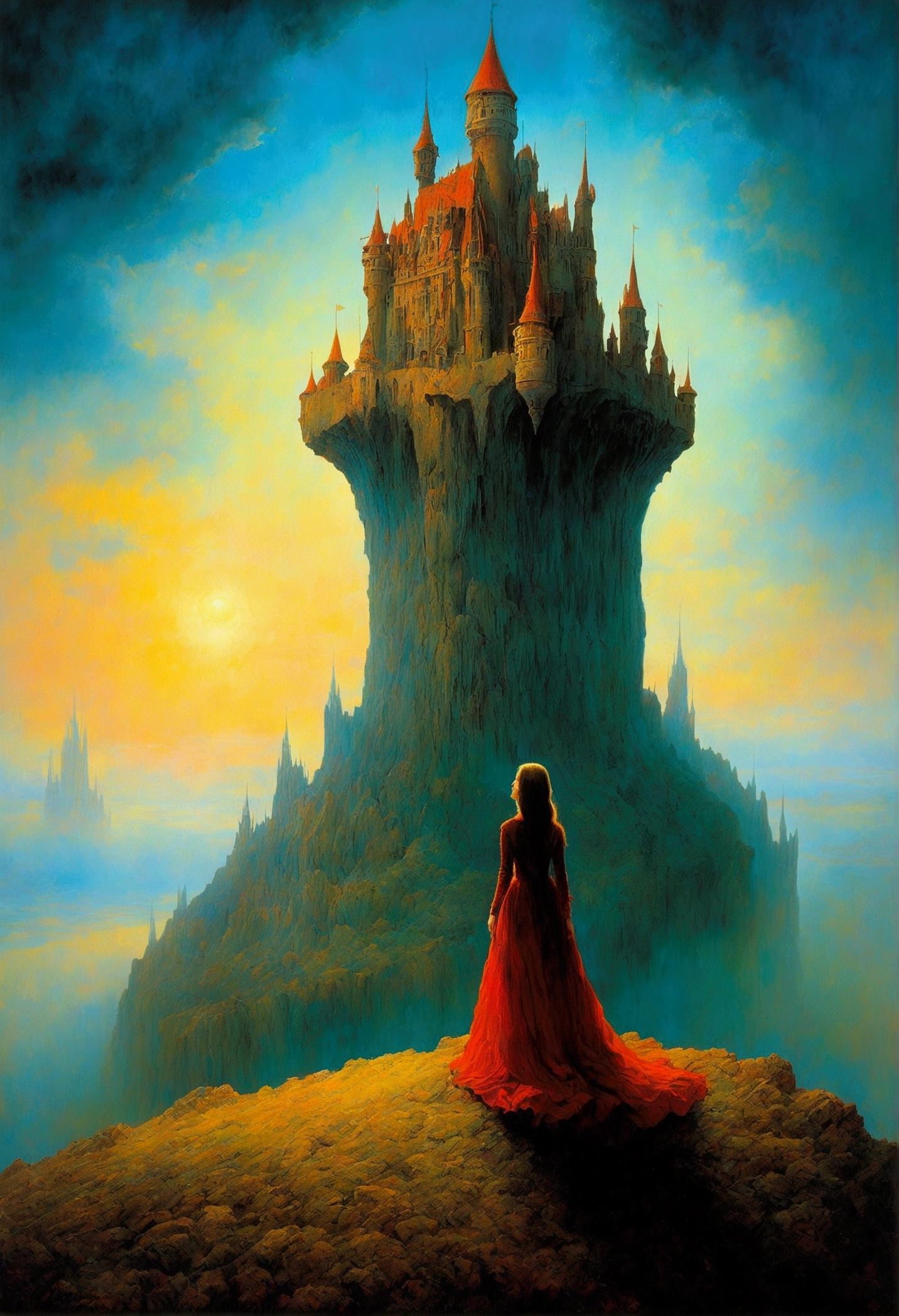 author：Zdzislaw Beksiński、Big Eye in the Sky、girl、Huge castle