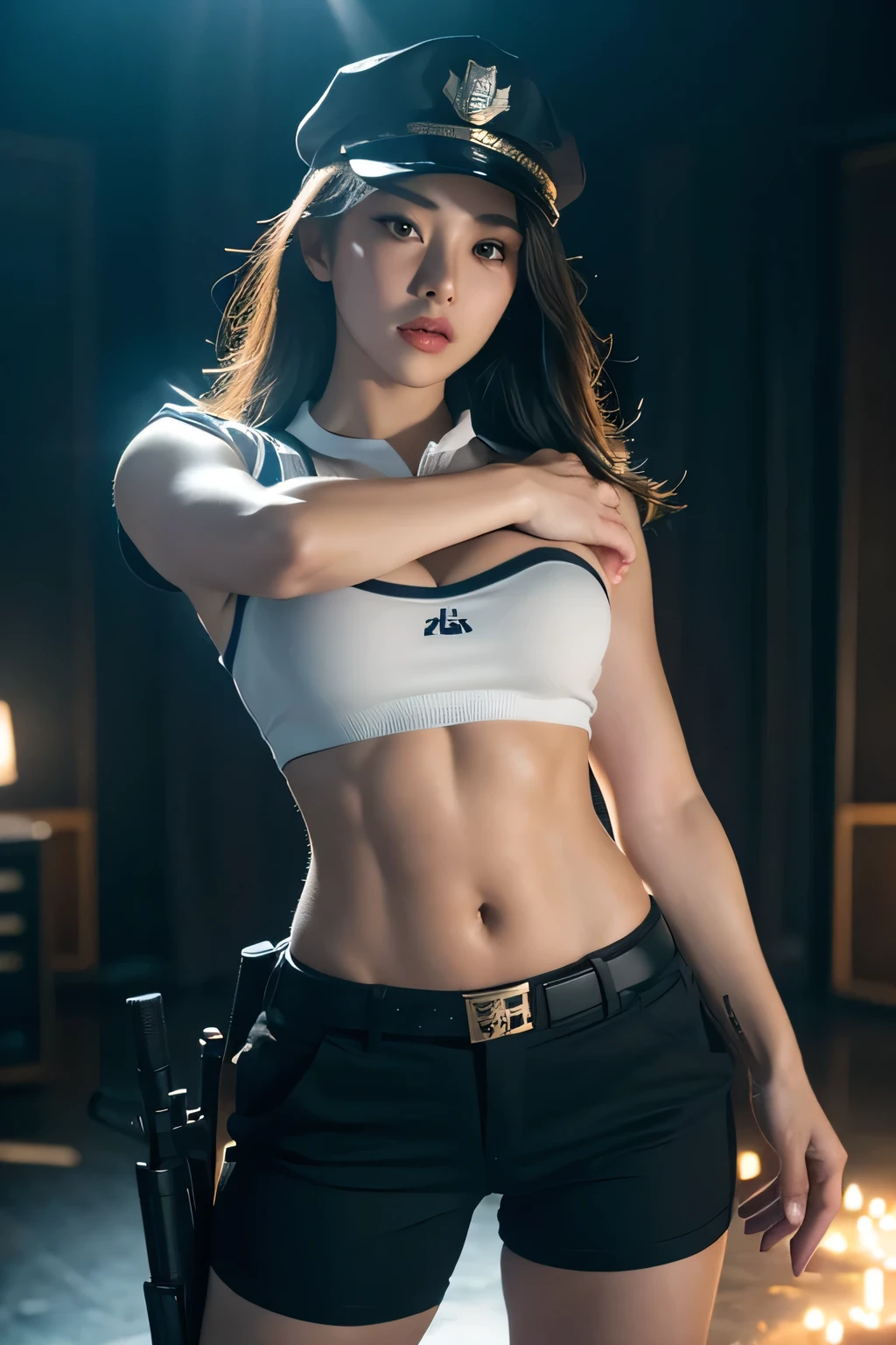 a young beautiful female wearing sexy uniform police officer but with short pants and seen stomach, firing a gun, highly detailed, cinematic lighting, dramatic pose, photorealistic, ultra-detailed, 8k, realistic, hyper-realistic, dramatic lighting, dramatic, intense, powerful, strong, focused, determined, intense expression, muscular, fit, heroic, action, dynamic, ultra realistic, 4K
