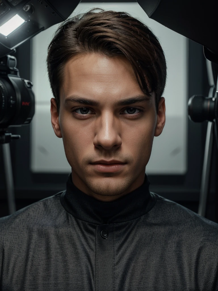 A professional artist, detailed portrait of a handsome young man, penetrating eyes, sharp facial features, strong jawline, elegant expression, wearing a stylish outfit, in a modern studio setting, high quality 8k resolution, photorealistic, dramatic lighting, cinematic color grading, masterpiece