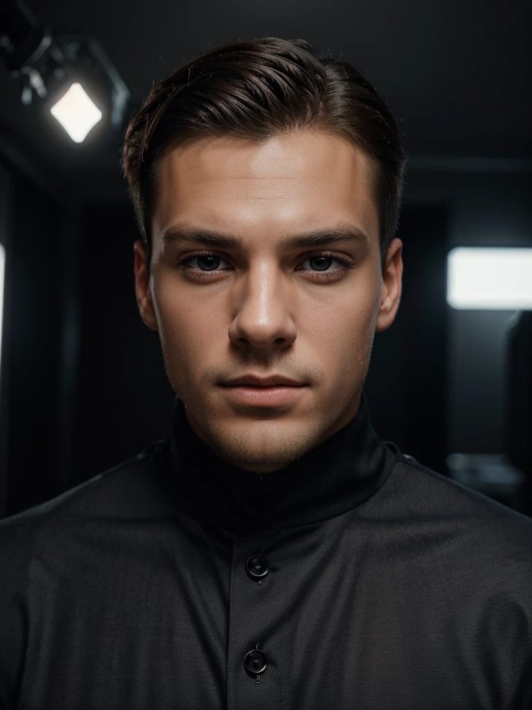 A professional artist, detailed portrait of a handsome young man, penetrating eyes, sharp facial features, strong jawline, elegant expression, wearing a stylish outfit, in a modern studio setting, high quality 8k resolution, photorealistic, dramatic lighting, cinematic color grading, masterpiece