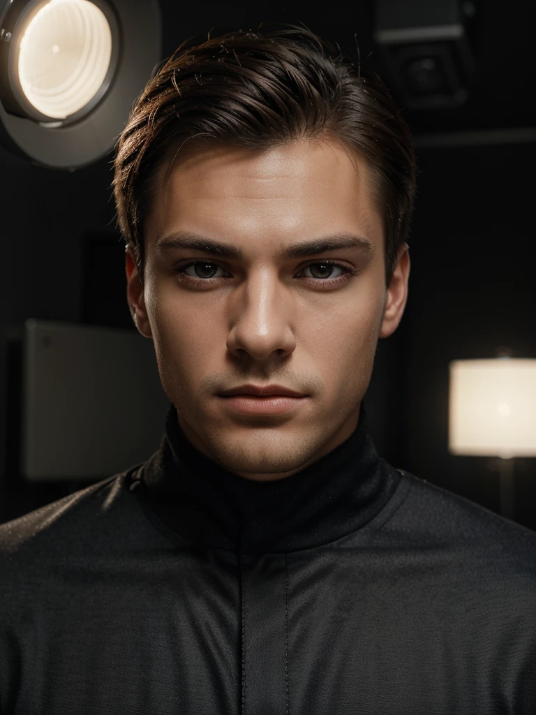 A professional artist, detailed portrait of a handsome young man, penetrating eyes, sharp facial features, strong jawline, elegant expression, wearing a stylish outfit, in a modern studio setting, high quality 8k resolution, photorealistic, dramatic lighting, cinematic color grading, masterpiece