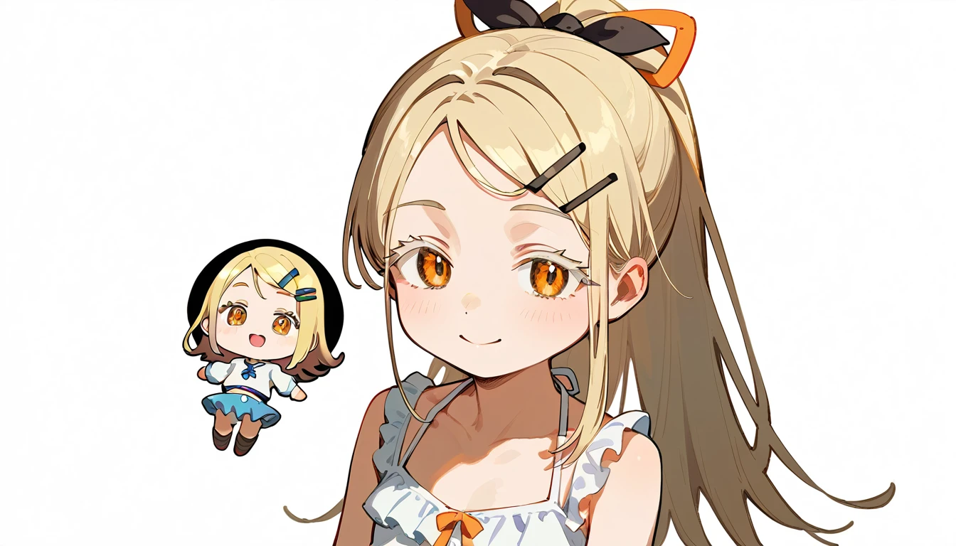 Highest quality, masterpiece, No correction, Beark,shinosawa hiro,thin,Orange eyes,White eyelashes,Blonde,Long Hair,Hair Clip,flat chest,white background,frilled bikini,white bikini,ponytail,smile,chibi