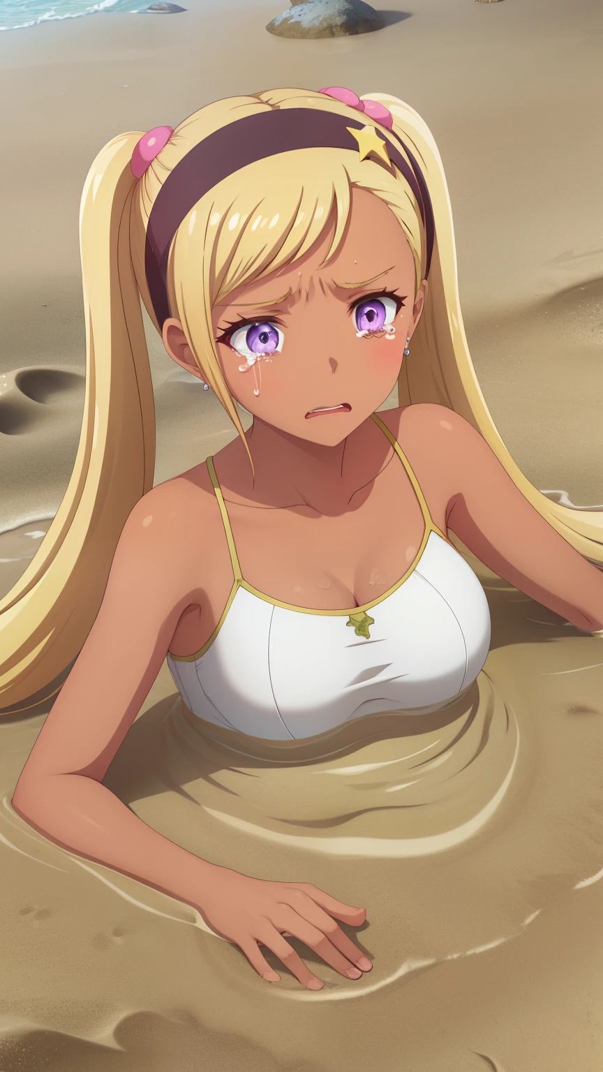 QUITTERIE RAFFAELI, LONG HAIR, BLONDE HAIR, TWINTAILS, PURPLE EYES, HAIRBAND, DARK SKIN, DARK-SKINNED girl, JEWELRY, EARRINGS, 1girl, solo, masterpiece, illustration, game CG, absurdres, highly detailed, collarbone, upset, tears in her eyes, (quicksand, partially submerged), beach, swimsuit