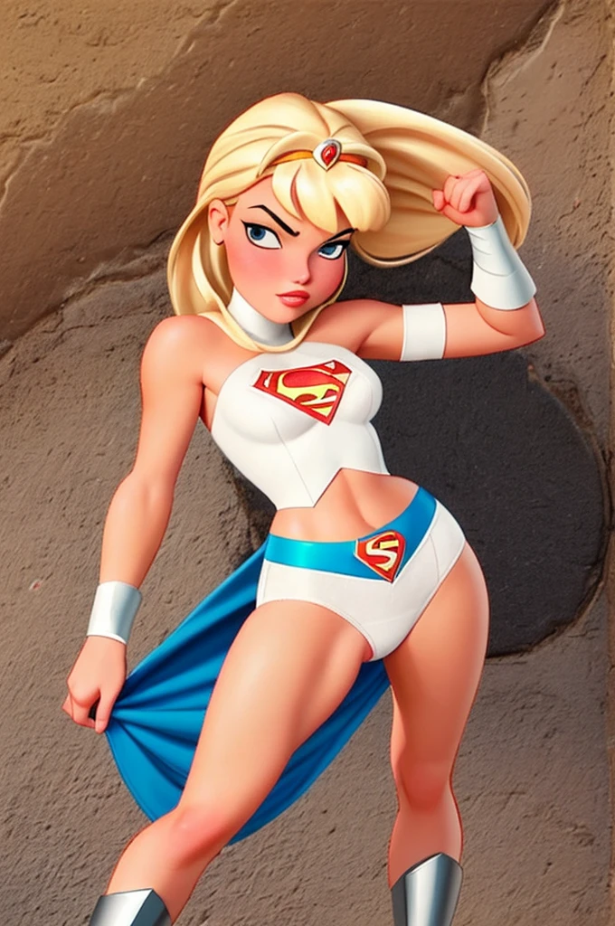 Super girl animated series 90s art style Bruce Timm Kara Danvers  girl slim blonde teenager sexy athletic body very short blue skirt showing you her white panties, blonde hair with bangs and tiara doing various sensual sexy poses (Dimy Olsen from the Daily Planet taking pictures of her) very short clothes from the 1996 animation and justice league unlimited